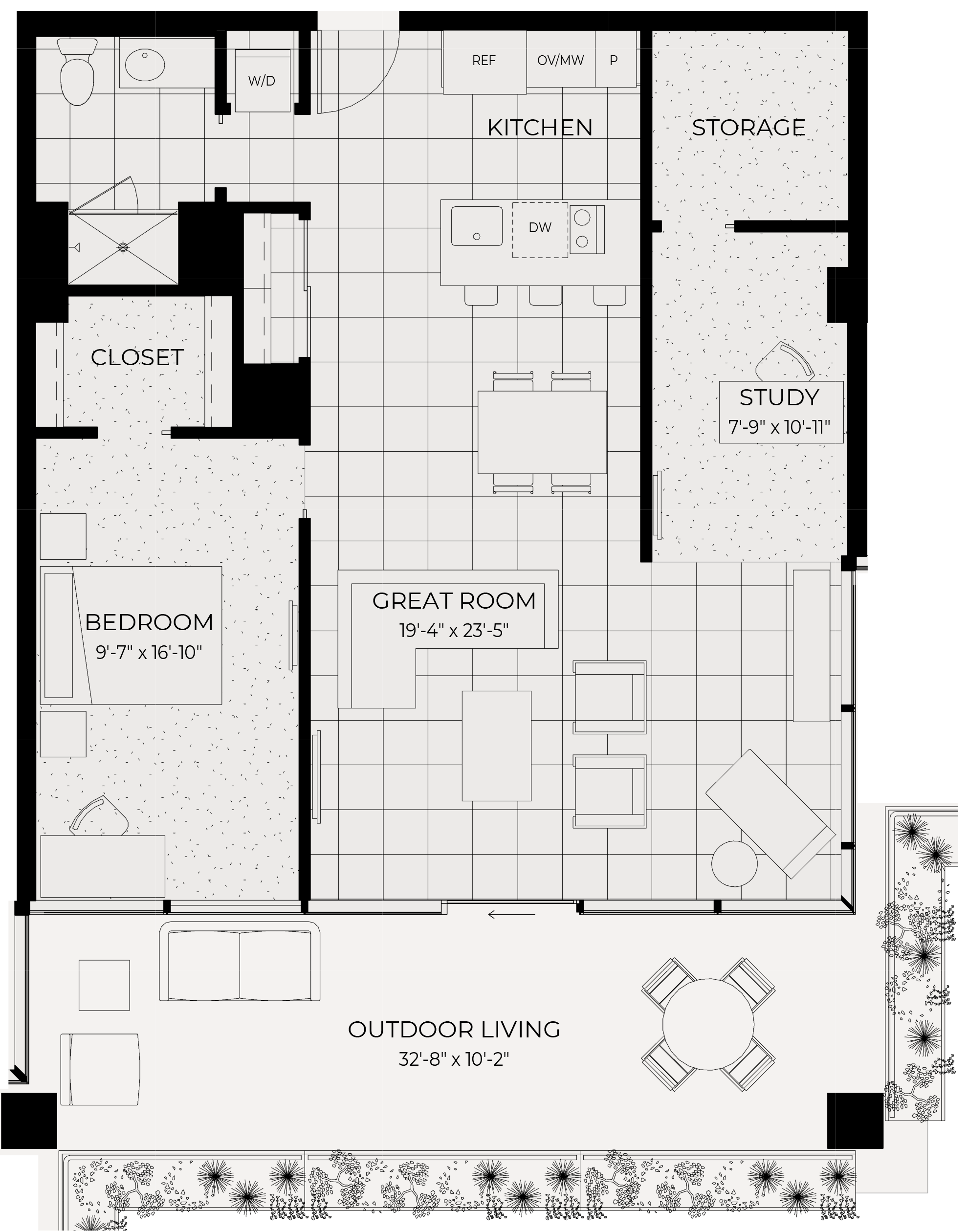 Floor plan for 1 bed, 1 bath, 975 sqft
